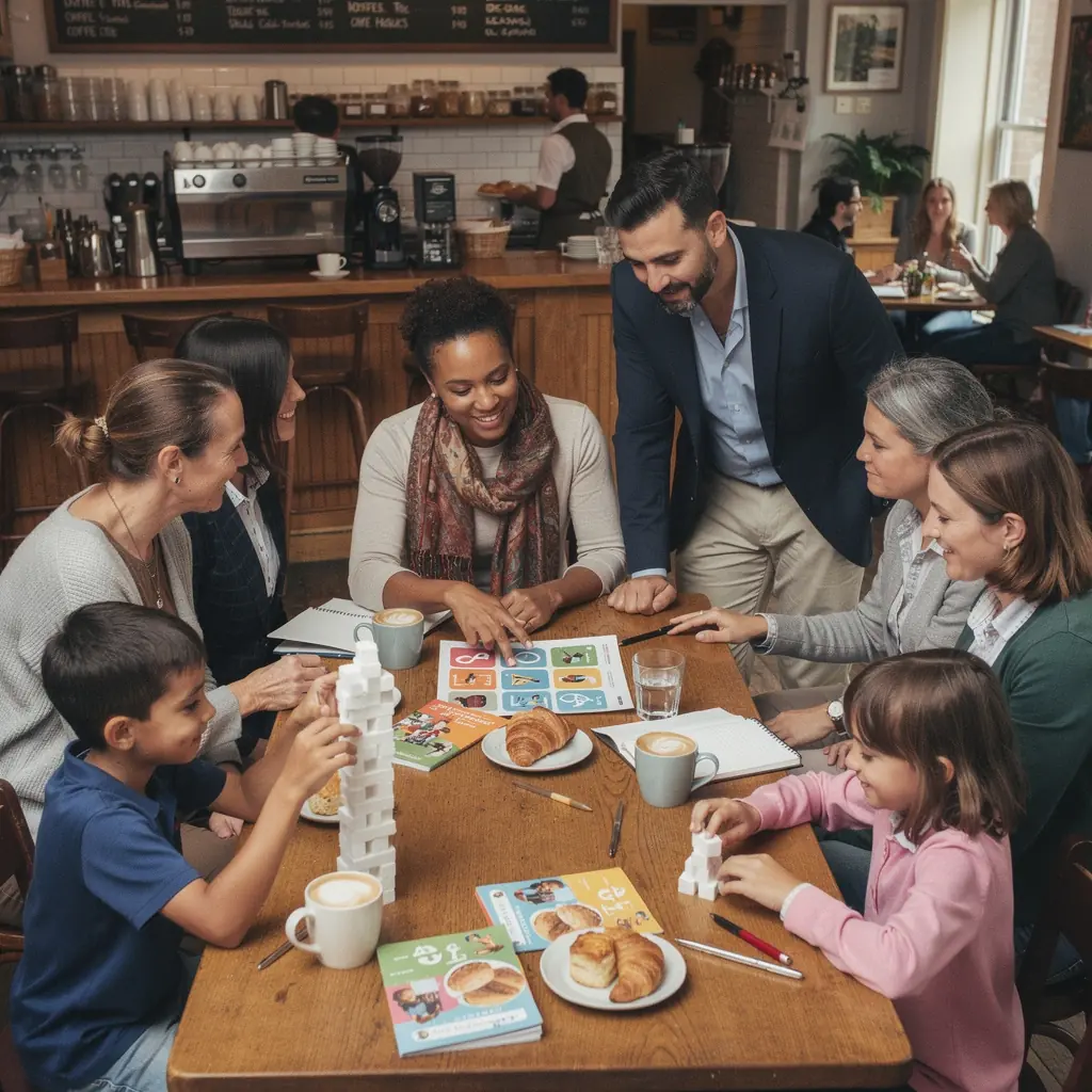 An illustration of a family discussing future goals at a kitchen table, highlighting open communication.